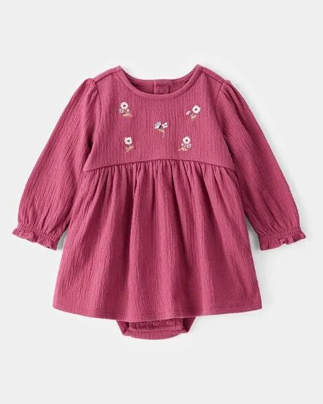 Baby Embroidered Floral Bodysuit Dress - Pink
