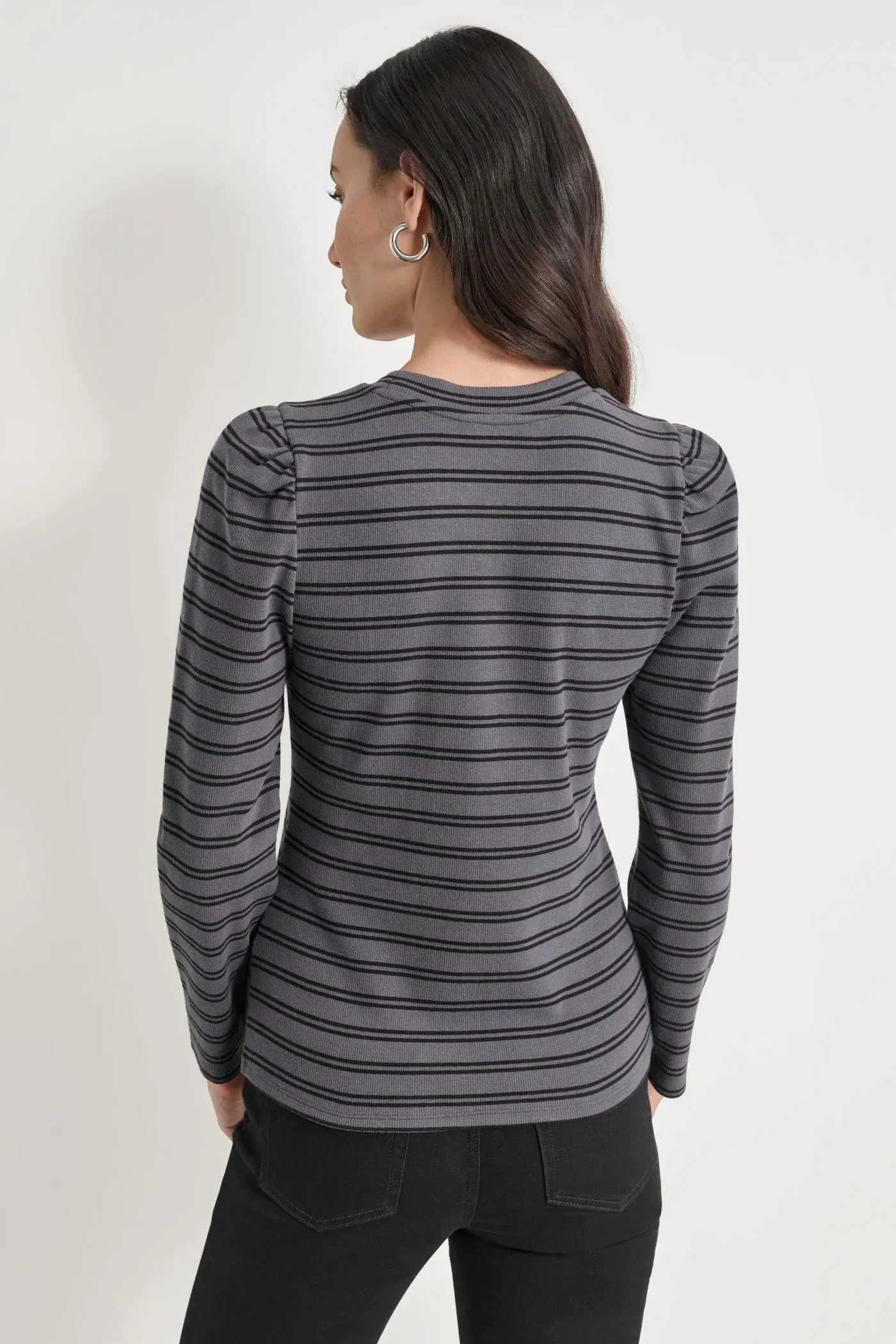 PUFF SLEEVE STRIPED CREW NECK TOP