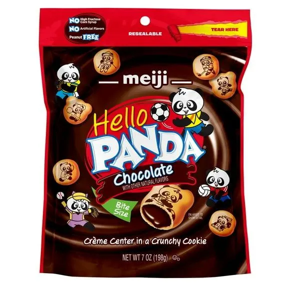 Meiji Hello Panda Chocolate Crème Cookies, Bite-Sized Kids Snack, 7oz Resealable Pouch
