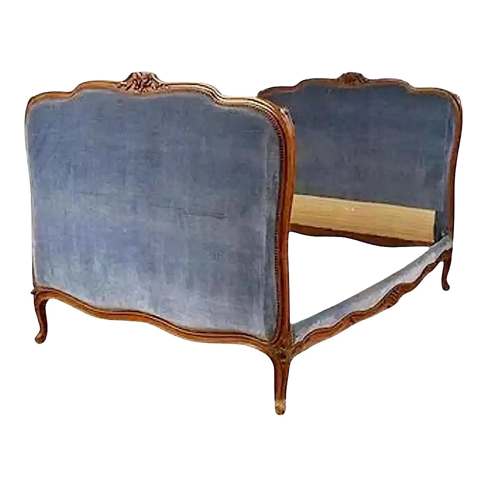 Louis XV-style, Carved Wood & Velvet Upholstered Double Bed