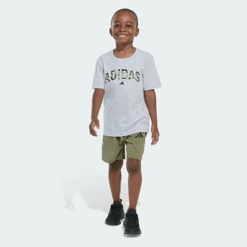Two-Piece Short Sleeve Heather Tee and Camo 3-Stripes Woven Shorts Set