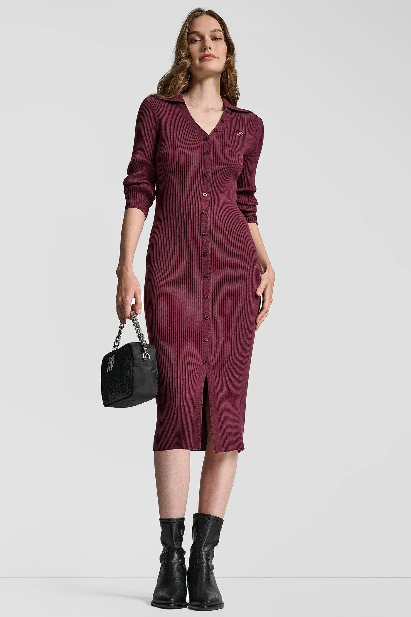 RIB-KNIT MIDI POLO DRESS