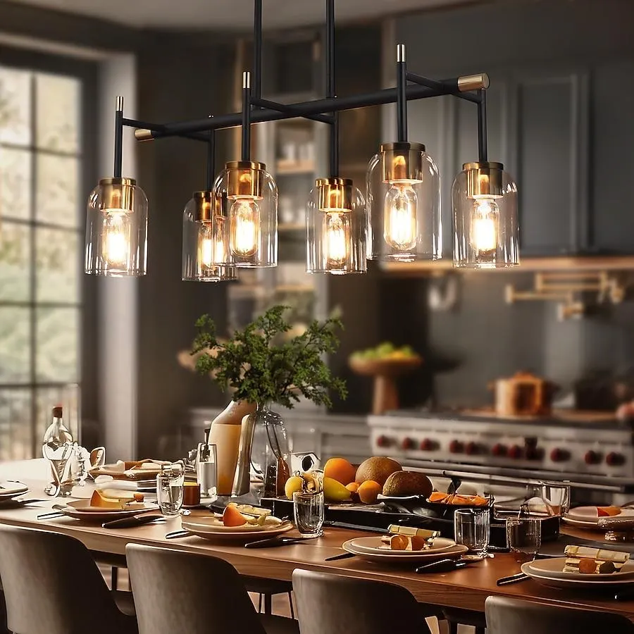 ZEVNI Cylivia Mid-Century 6 -Light Matte Black/Polished Gold Modern/contemporary Clear glass Linear Large Hanging Kitchen island light