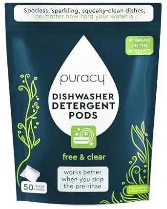 Puracy Dishwasher Pods, Natural Dishwasher Detergent, Free & Clear Dish tabs - Enzyme-Powered, Spot & Residue Free - TikTok Trend Items, Must Haves from TikTok Made Me Buy It (Free & Clear, 50 Count)