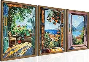 Open Window Henri Matisse Wall Art Set of 3, Modern Coastal Fauvism Painting Wall Decor, Mediterranean Ocean Landscape Canvas Prints Artwork for Living Room Bedroom 12x16 inch Wood Framed