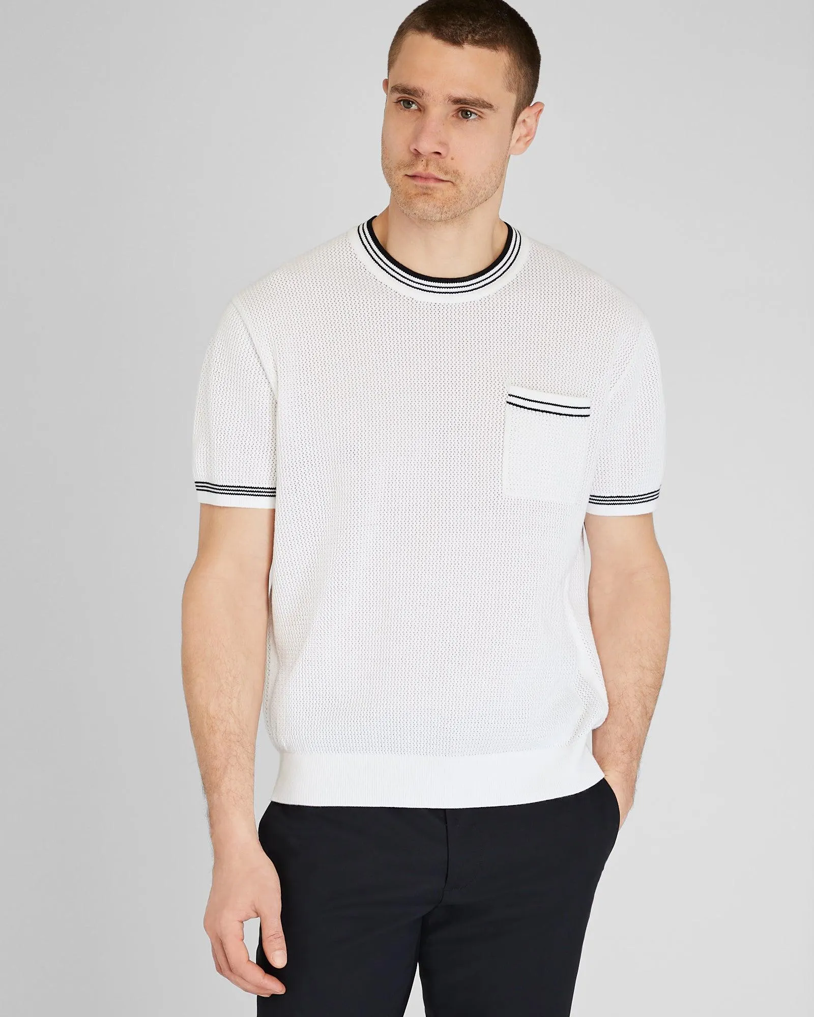 Short-Sleeve Open Stitch Tipped Sweater