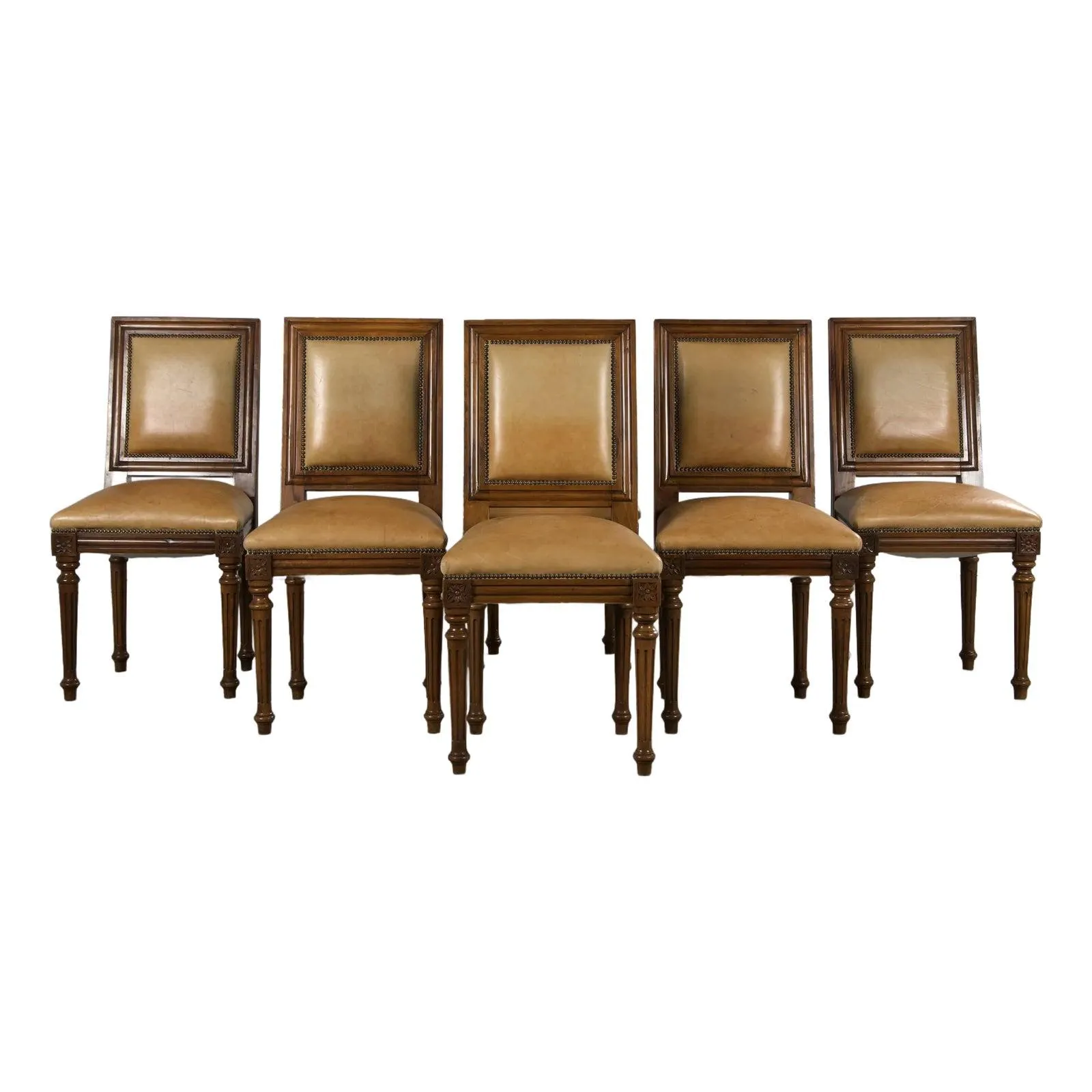 French Louis XVI Style Square Back Walnut Dining Chairs W/ Beige Leather - Set of 6