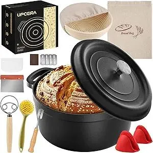 5QT Cast Iron Dutch Oven for Bread Baking, Proofing Basket Sourdough Starter Kit, Bread Making Pan Pot with Lid, Sour Dough Tools Set Includes Lame Supplies, Gifts for Baker