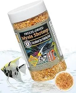 Product Summary: San Francisco Bay Brand Freeze-Dried Mysis Shrimp - Premium Fish Food, Tropical Fish Food, Shrimp Food - Ideal for Freshwater and Saltwater Fish, Cichlids, Angels, Seahorses - 0.49 oz (14g)