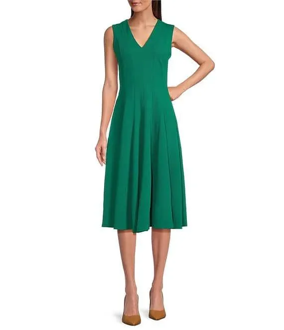 V-Neck Sleeveless Scuba Crepe Fit And Flare Dress
