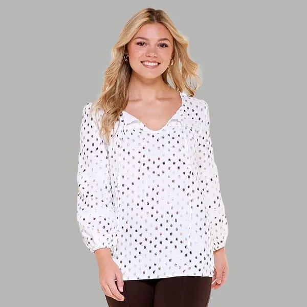 Womens Ny Collection Long Sleeve Soild Tie Neck Blouse