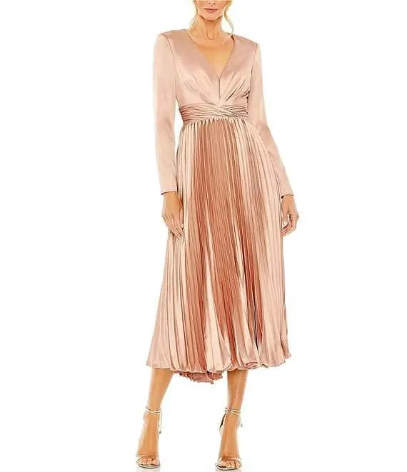 Pleated Satin V-Neck Long Sleeve Fit and Flare Midi Dress