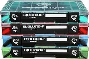 Evolution Outdoor 3600 Drift Series QuikLatch Fishing Tackle Tray Multi Color 4 Pack – Green, Blue, Red, Seafoam Colored Tackle Box Organizer with Removable Compartments, Utility Box Storage