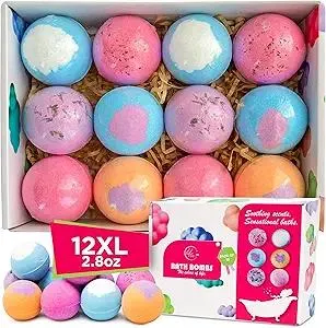 12 Extra Large Organic Bath Bombs Gift Set for Women - Moisturizing Shea Butter & Essential Oil Infused Shower Lush Bathbombs kit for Girls, Bath Balls & Birthday Gifts for Women