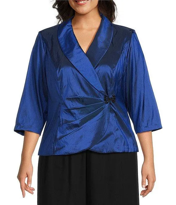 Plus Size 3/4 Sleeve Collared V-Neck Taffeta Blouse