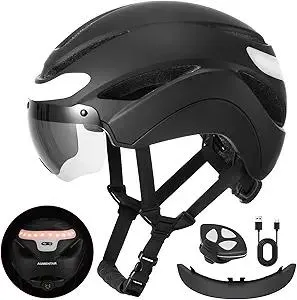 Adult Bike Helmet with USB Rechargeable LED Front & Rear Lights,E Bike,Electric Scooter Helmet,Mountain Road Cycling Helmets for Men Women Bicycle Helmet Removable Goggles