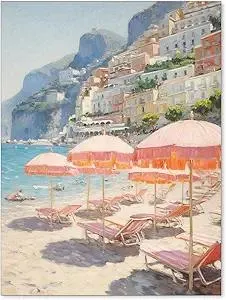 FITactic Italian Amalfi Coast Beach Wall Art Pink Pastel Aesthetic Coastal Landscape Poster Beachy Preppy Painting Prints Cute Girls Bedroom 12X16 inch Unframed