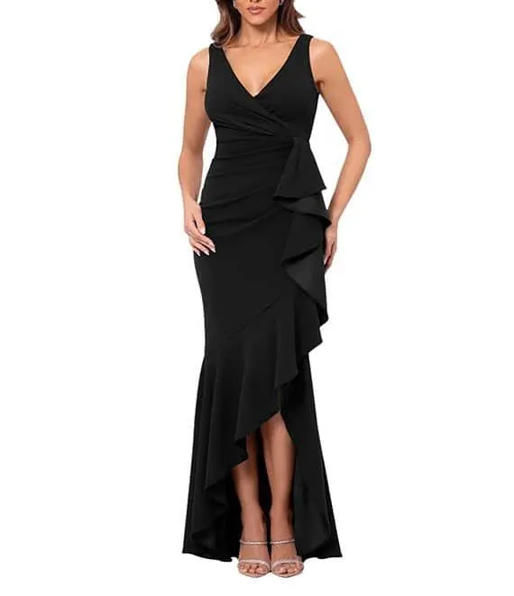 Petite Size Sleeveless V-Neck Spiral Ruffle Cascade Gown