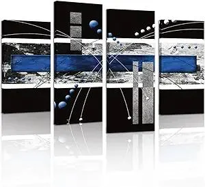 YPY Large Black Blue Canvas Wall Art - 4 Panels Modern Abstract Picture Set for Home Decoration - Contemporary Painting Artwork Ready to Hang Living Room Bedroom W48 x H36