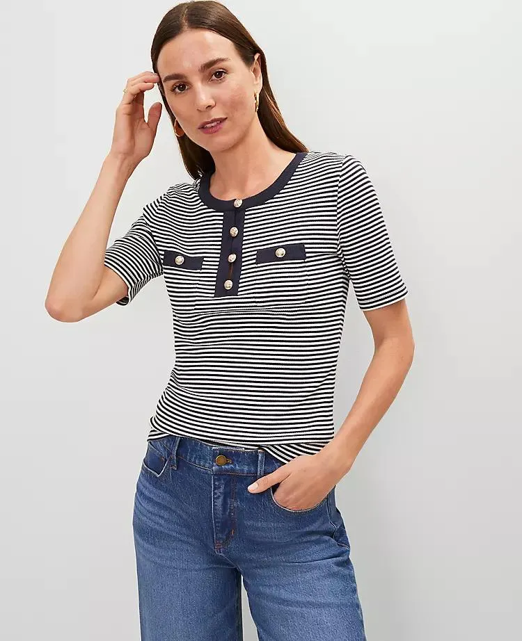 Striped Contrast Trim Henley Top