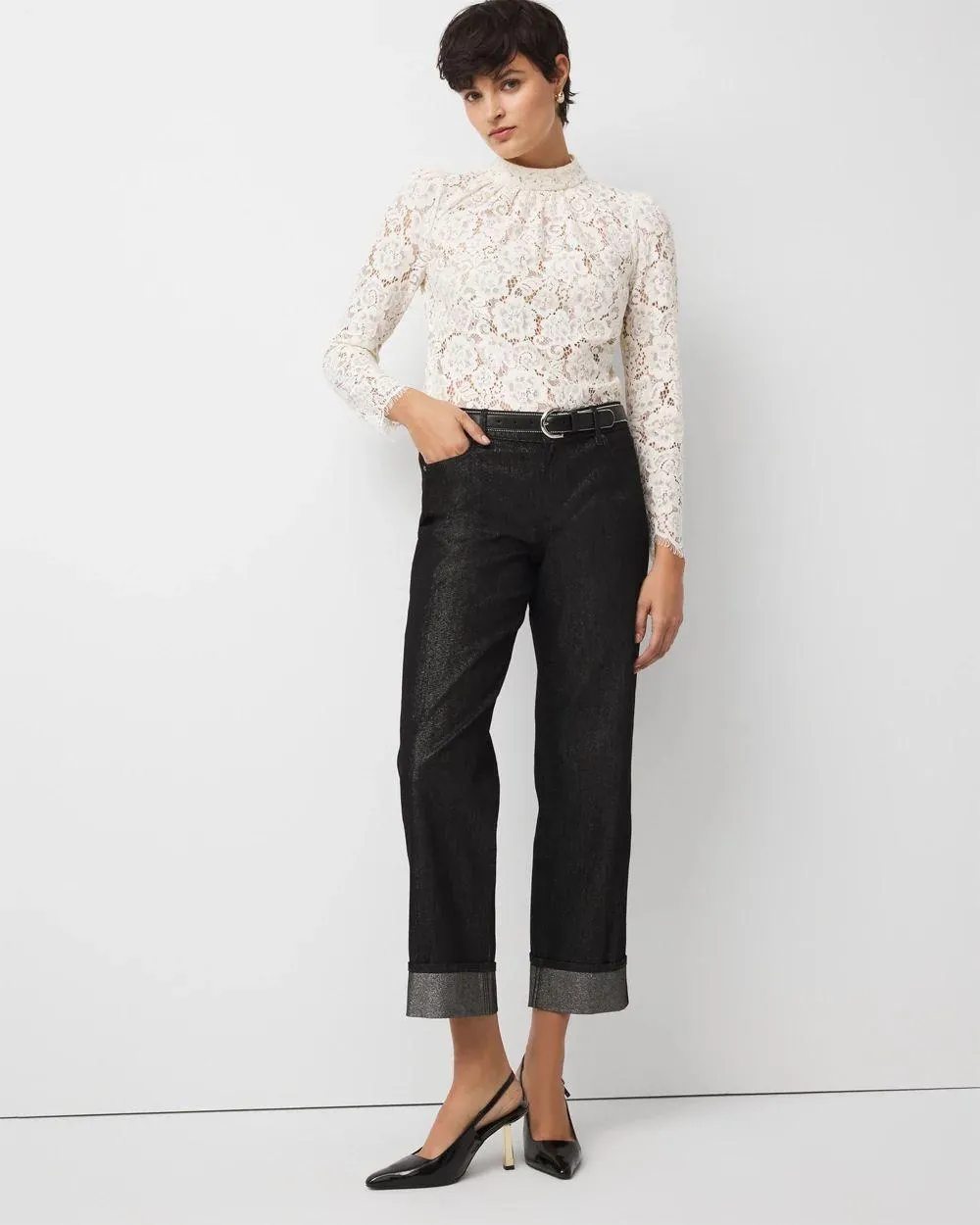 Lurex Mid Rise Straight Ankle Jean