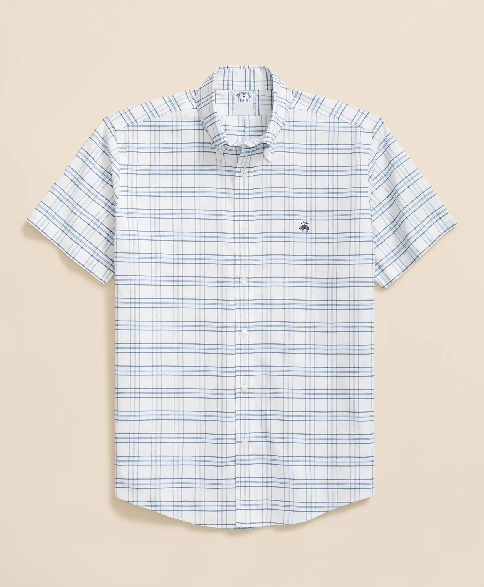 Stretch Cotton Non-Iron Oxford Polo Button-Down Collar, Grid Check Short-Sleeve Shirt