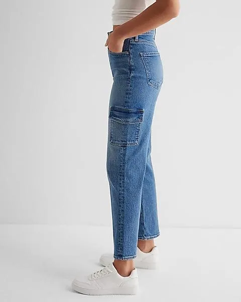 High Waisted Medium Wash Straight Ankle Cargo Jeans
