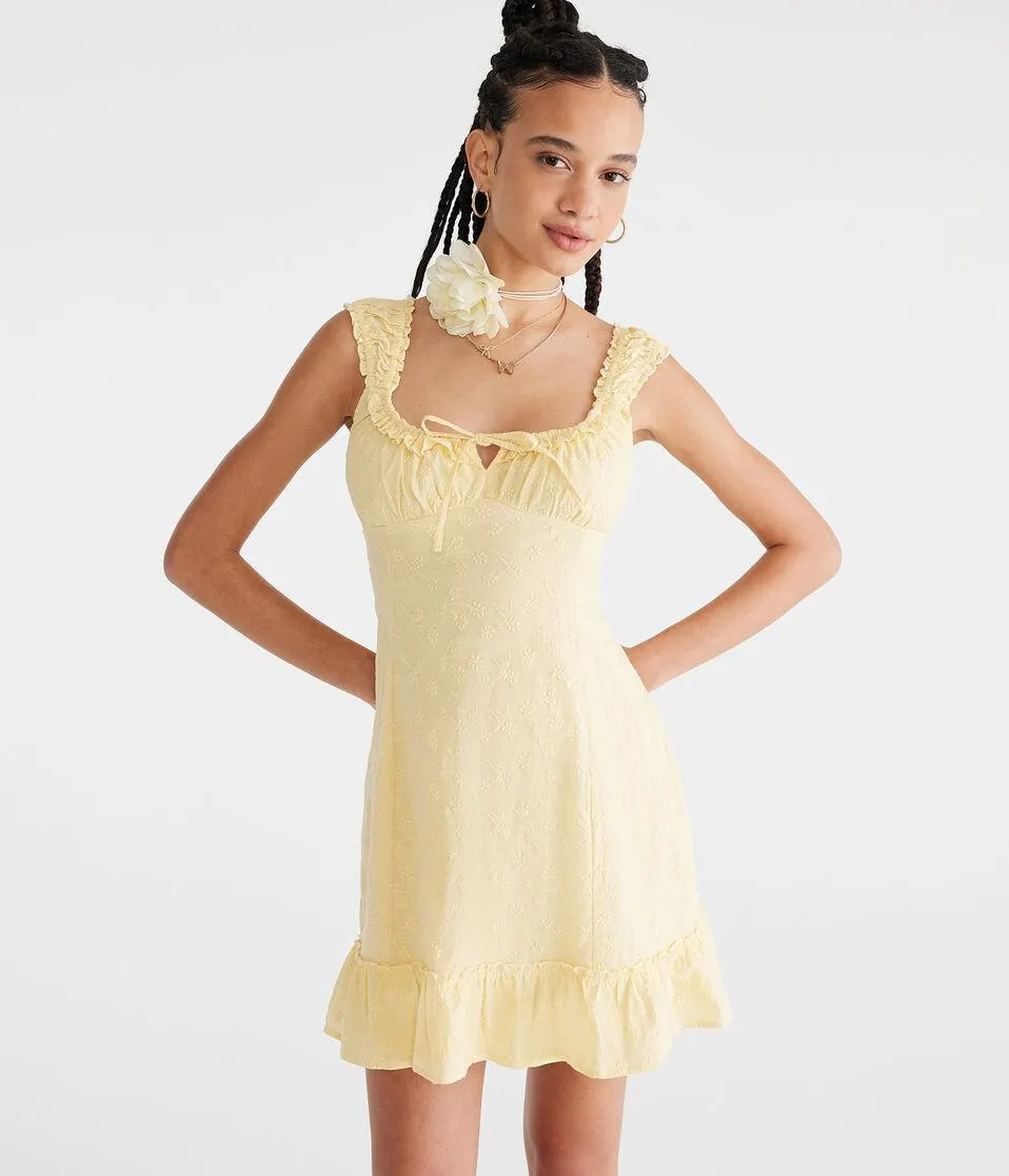 Solid Scoop-Neck Embroidered Floral Mini Dress