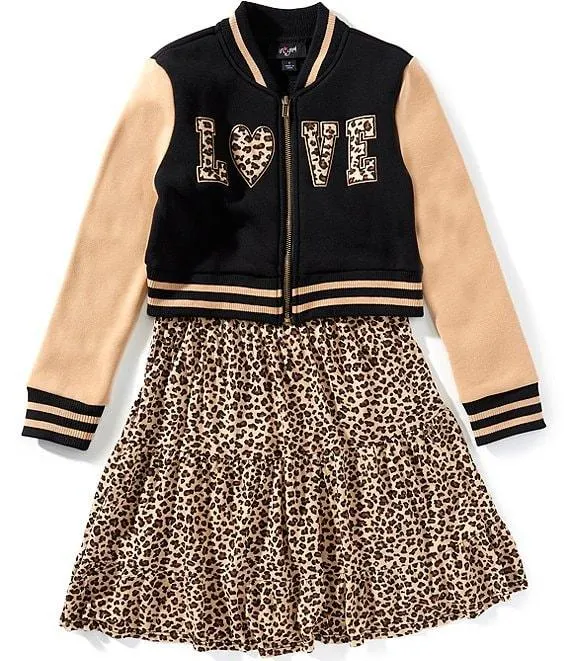 Big Girls Color Block Long-Sleeve "Love" Letterman Cropped Jacket & Short-Sleeve Animal-Printed Fit-And-Flare Dress