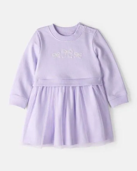 Baby Girl Bow Print Tulle Cotton Dress - Purple