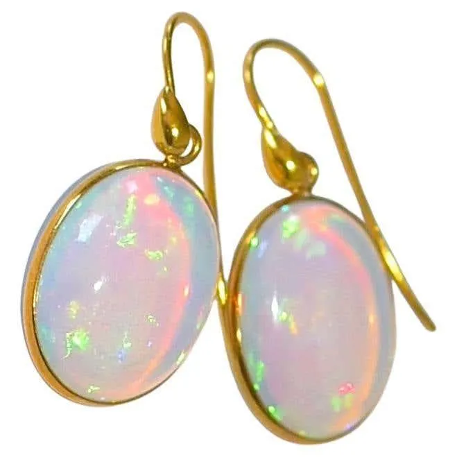 Natural Crystal Opal Oval Bezel 18k Solid Yellow Gold Earrings