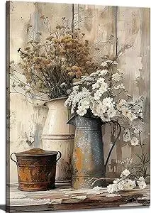 Farmhouse Rustic Daisy Canvas Wall Art Vintage Country Floral Posters Print White Jasmine Flowers and Rust Color Watering Can Wall Decor Picture for Living Room Bedroom Bathroom Decoration