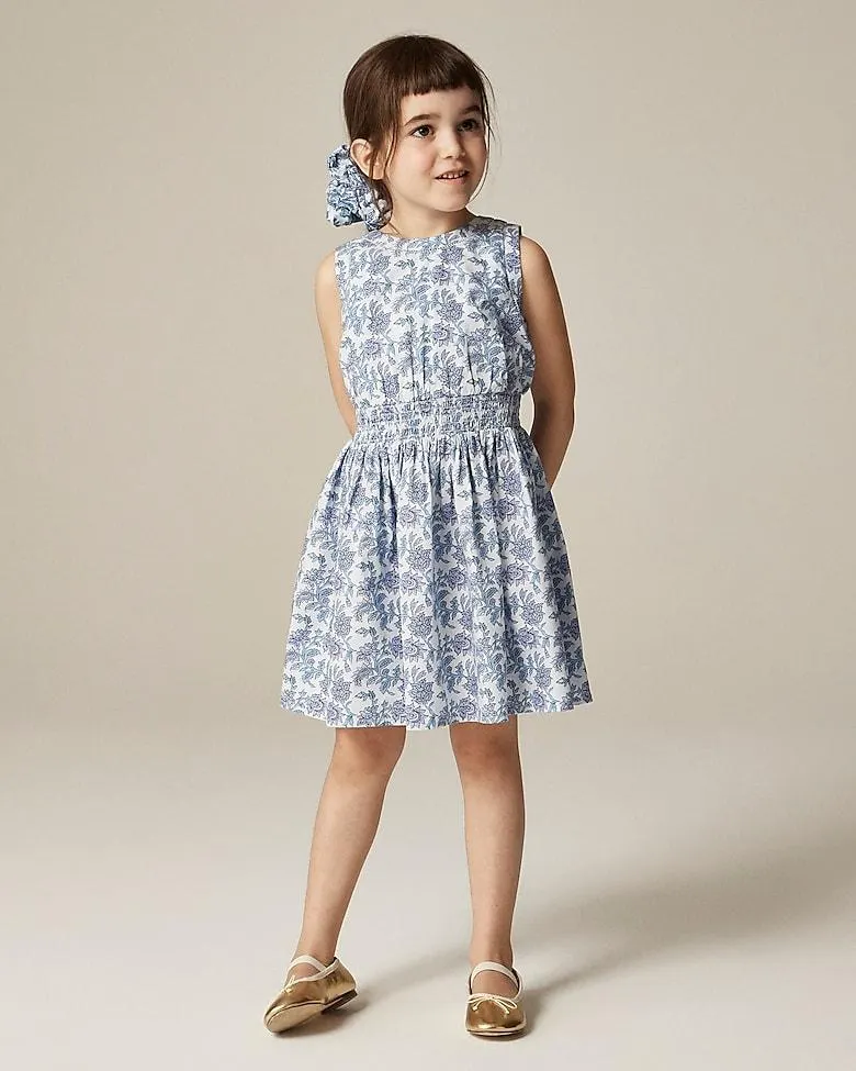 Girls' smocked-waist dress in lavender vines block print
