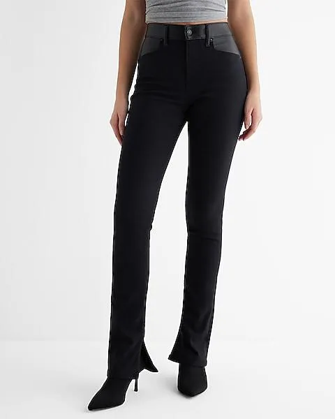 Mid Rise Black Faux Leather Waist Skyscraper Jeans