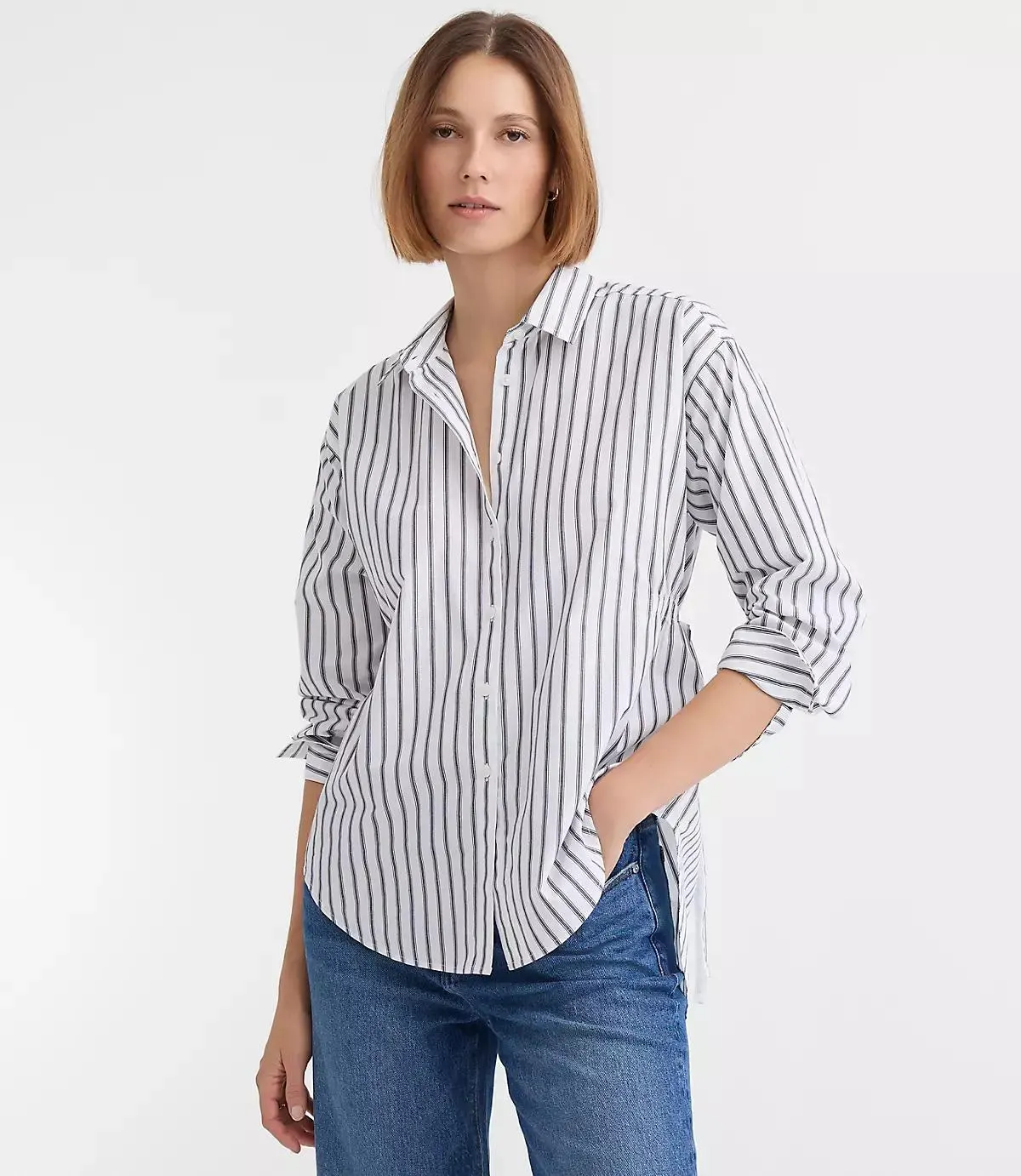 Striped Poplin Cutout Back Tunic Shirt