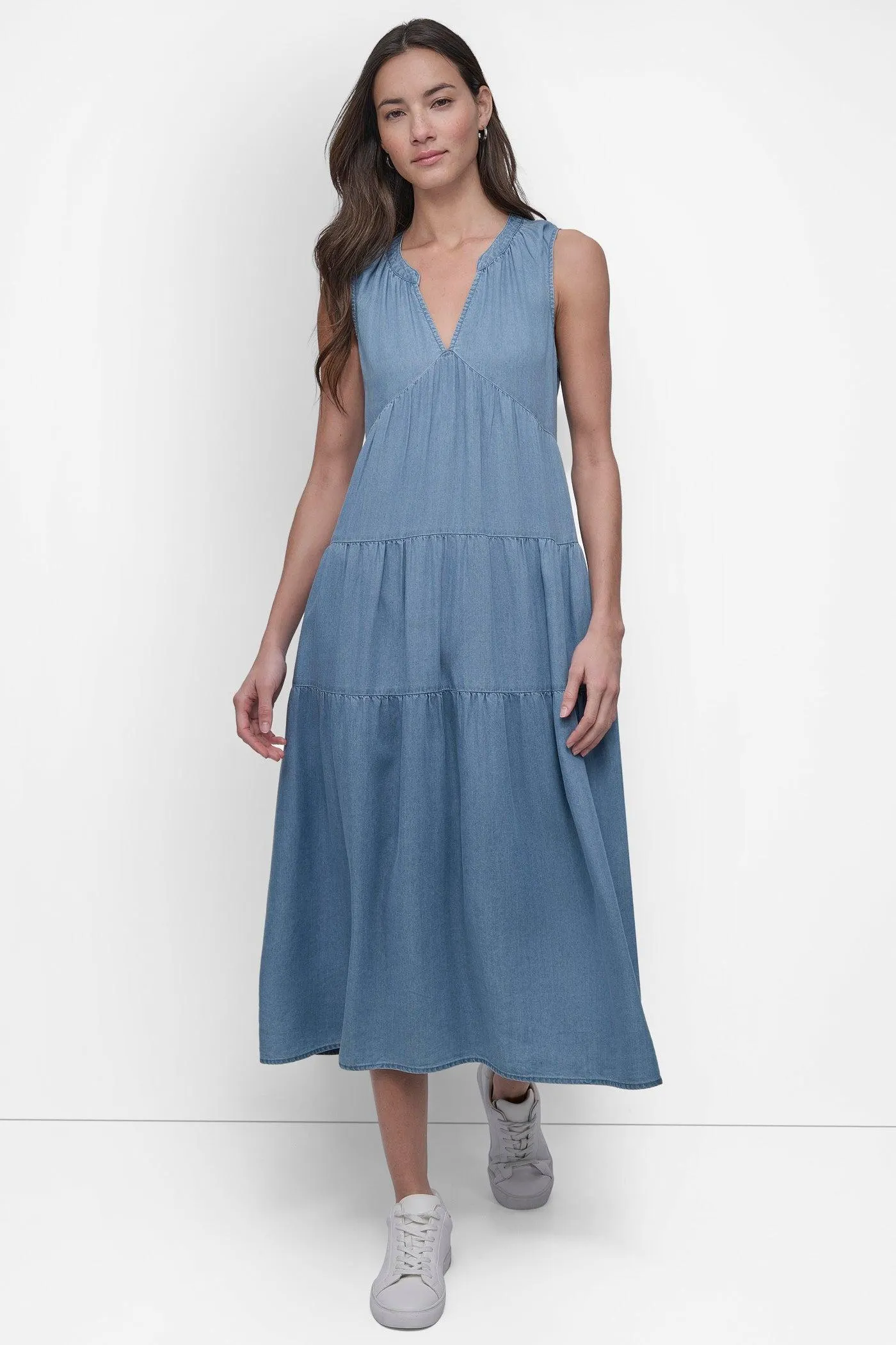 TENCEL TIERED MIDI SWING DRESS