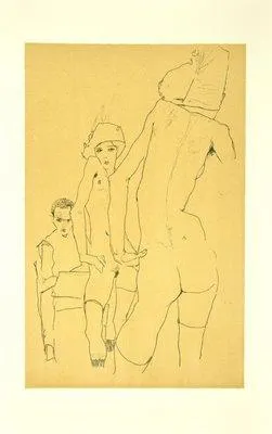 Egon Schiele, Self Portrait Drawing a Nude Model, Large Lithograph, 1910 / 2007