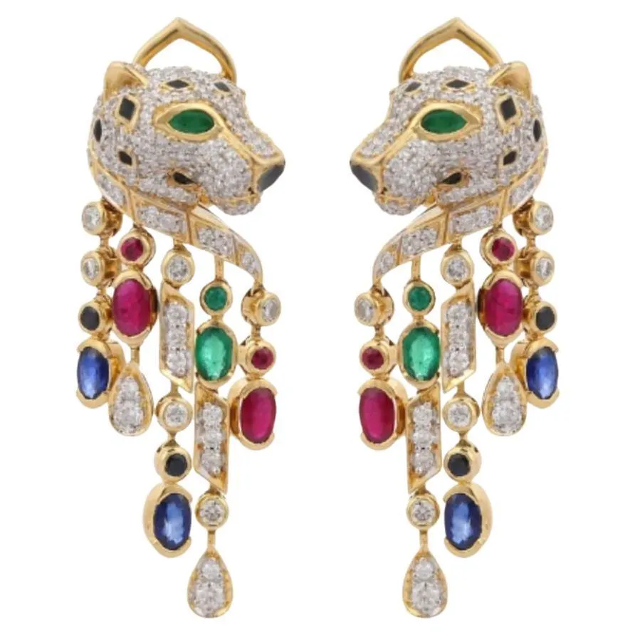 Exquisite Ruby, Emerald, Sapphire and Diamond Panther Earring in 14K Yellow Gold