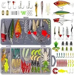 Fishing Lures Kit for Freshwater Bait Tackle Kit for Bass Trout Salmon Fishing Accessories Tackle Box Including Spoon Lures Soft Plastic Worms Gifts for Men