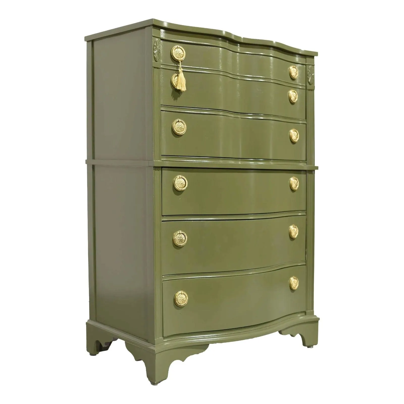Mid Century Regency Style Mahogany Serpentine Highboy in Green - Newly Painted
