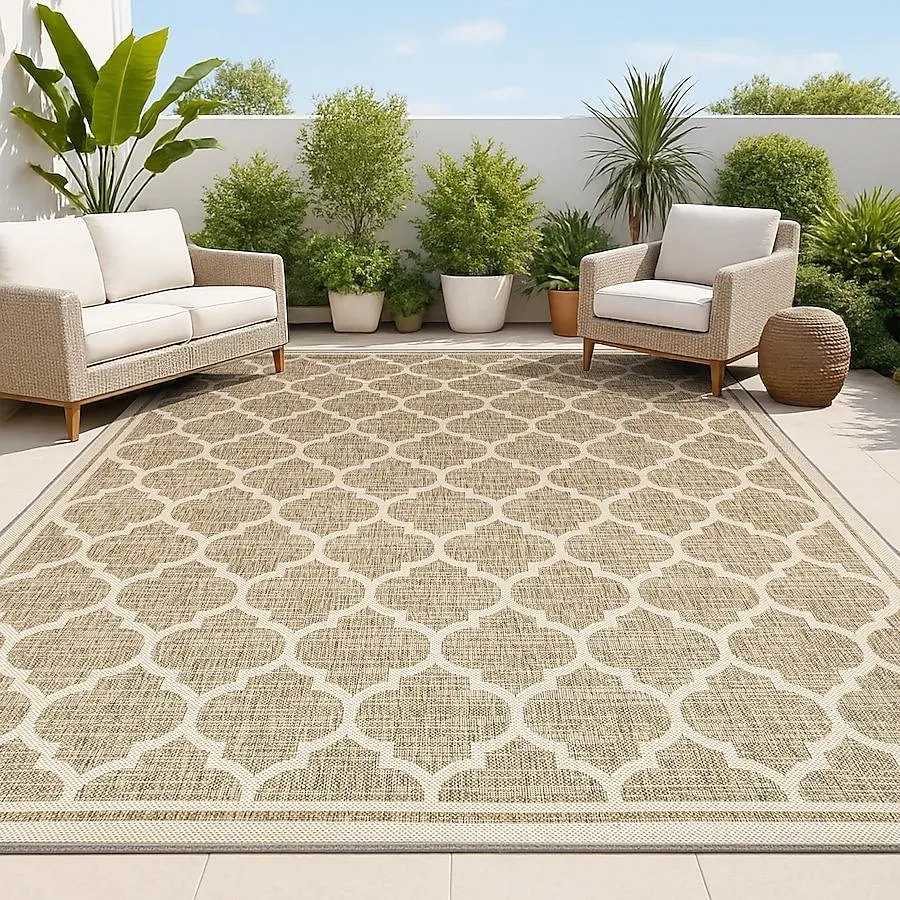 JONATHAN Y SANTA MONICA Trebol Moroccan Trellis Textured Weave 8 x 10 (ft) Loomed Brown/Beige Rectangular Indoor/Outdoor Trellis Coastal Pet Friendly Area rug