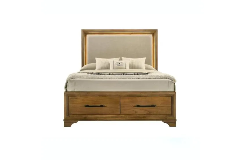 Carlie Honey Brown Wood Queen Platform Storage Bed With Lighted Headboard