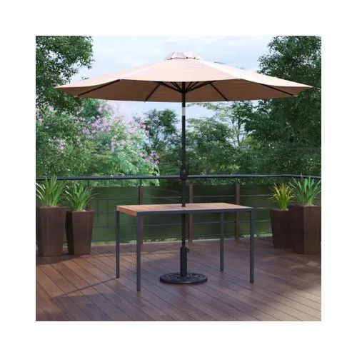 3 Piece Outdoor Patio Table Set 30” x 48” Square Synthetic Teak Patio Table with Tan Umbrella and Base