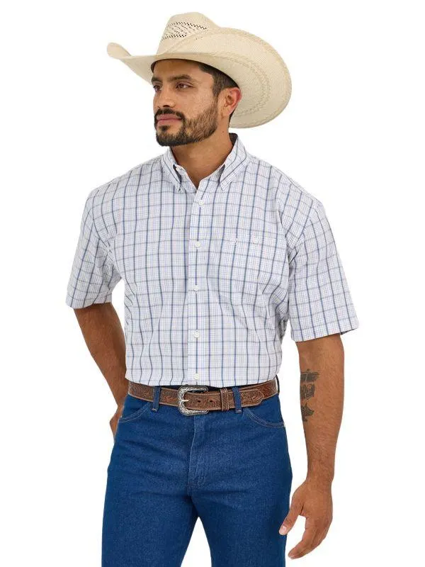 Wrangler Mens White and Blue Classic Relaxed Fit Short Sleeve Shirt