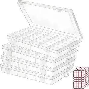 4pack 36 Grids Plastic Clear Organizer Box Bead Storage Containers with Adjustable Dividers for Craft Jewelry Fishing Tackles Parts Storage with 4 Sheets Label Stickers