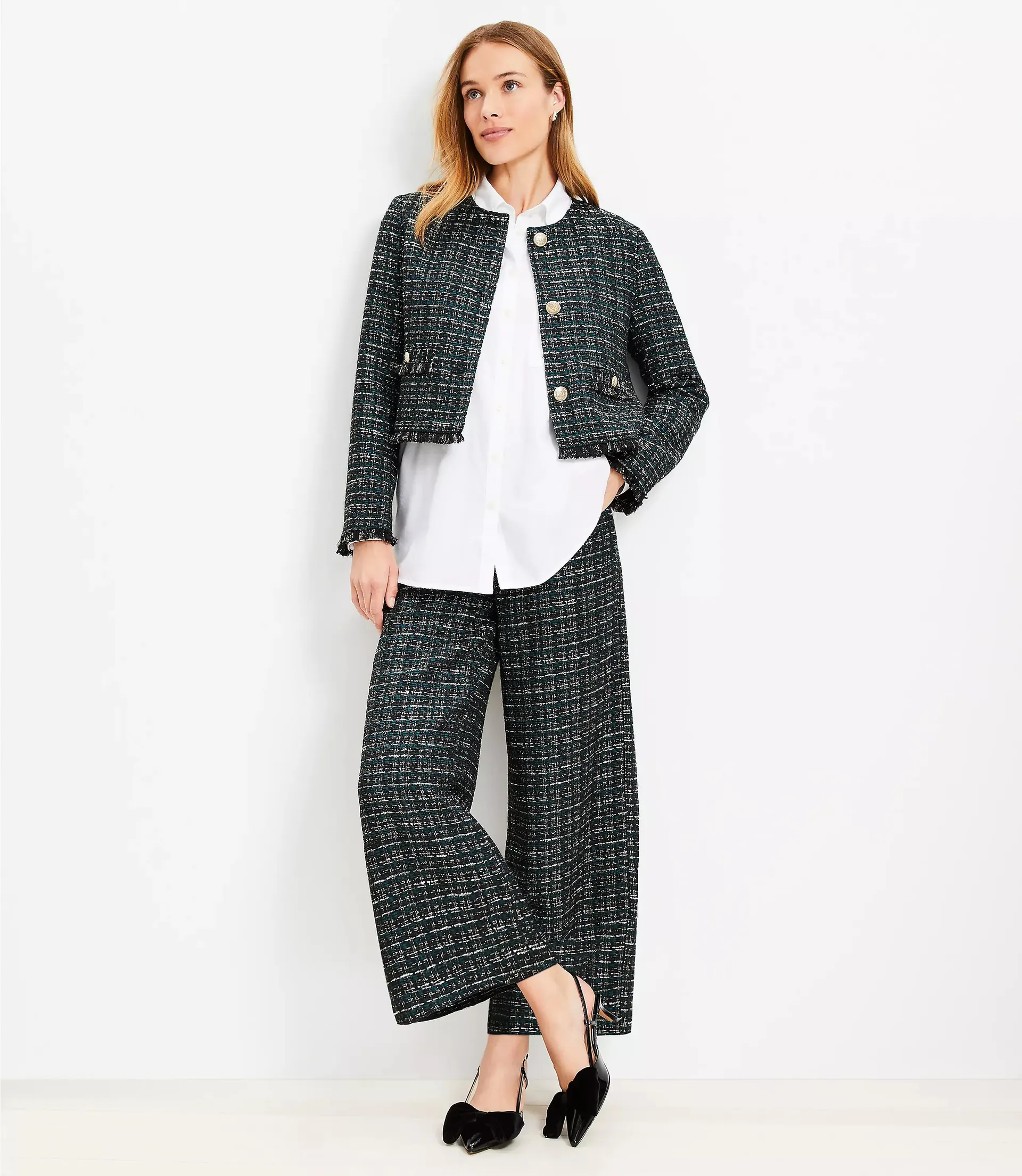 Darted Palazzo Pants in Textured Tweed