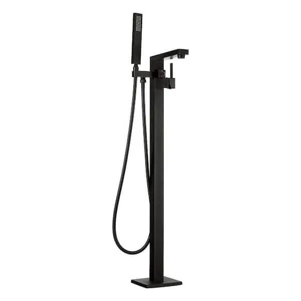 1-Handle Freestanding Floor Mount Roman Tub Faucet Bathtub Filler with Hand Shower in Matte Black