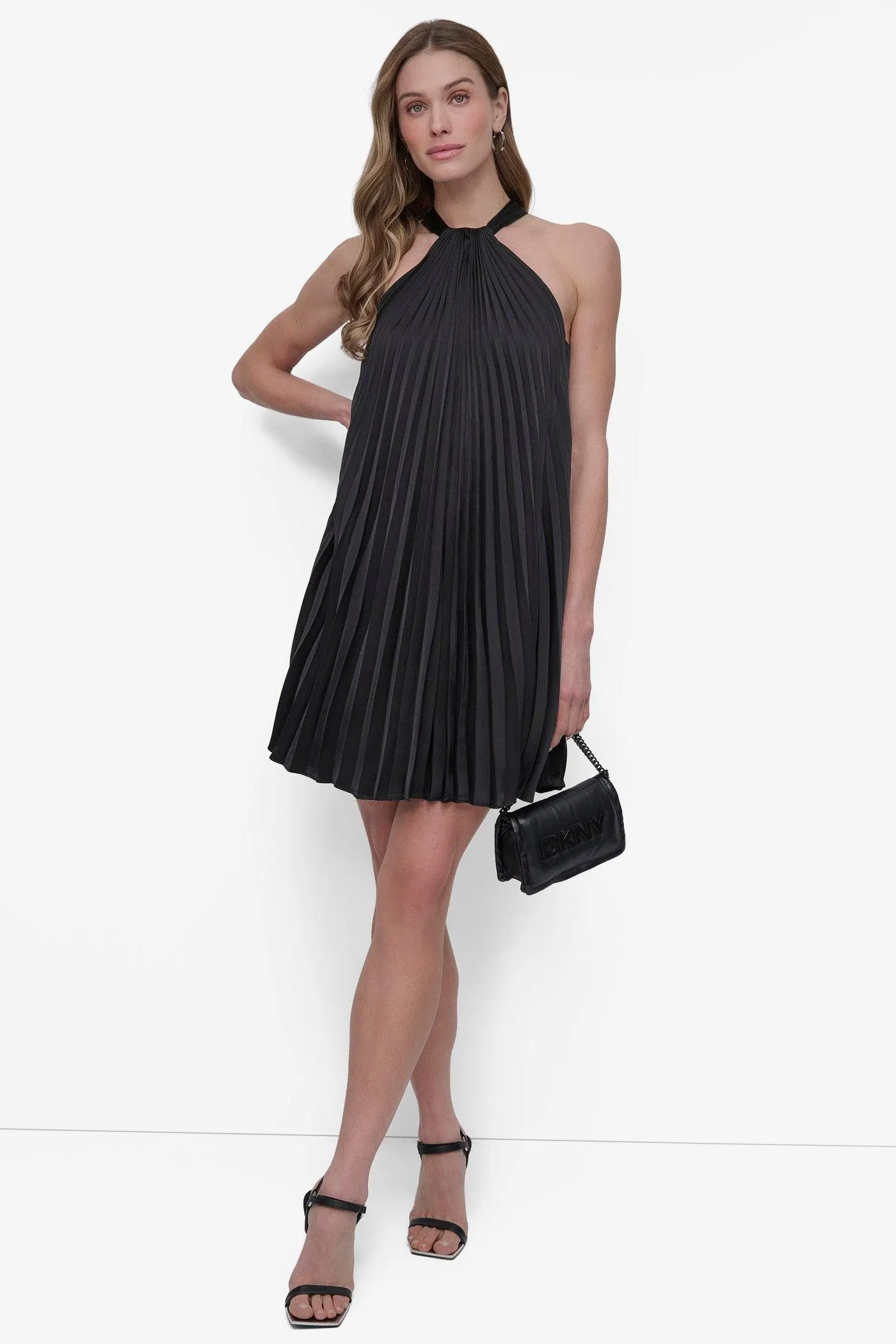 PLEATED HALTER SWING DRESS
