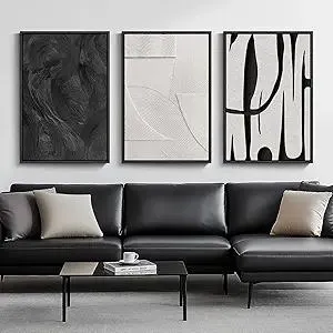 Large Framed Black and White Abstract Wall Art for Living Room, 3 Piece Big Modern Canvas Prints Paintings Artwork for Walls, Minimalist Abstract Art Pictures for Hallway, Office Wall Decor 24x36 In