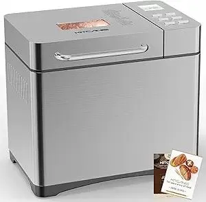 Bread Maker Machine KITCANIS, 2.2LB Stainless Steel Bread Machine, 15H Timer and1H Keep Warm, Sourdough, Gluten-Free, Dough Maker, Bread Making Machine with Nonstick Pan, Recipes, 650W